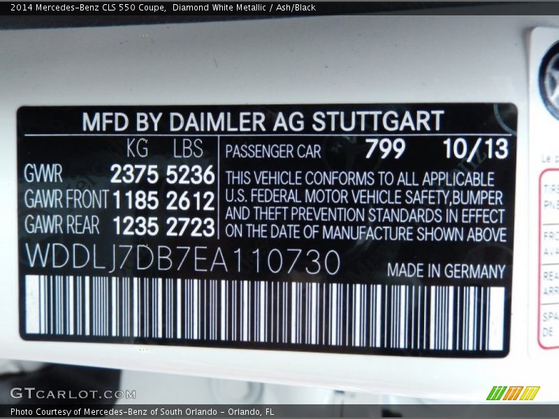 Diamond White Metallic / Ash/Black 2014 Mercedes-Benz CLS 550 Coupe