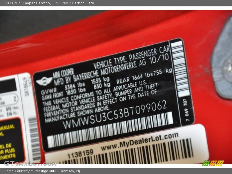Chili Red / Carbon Black 2011 Mini Cooper Hardtop