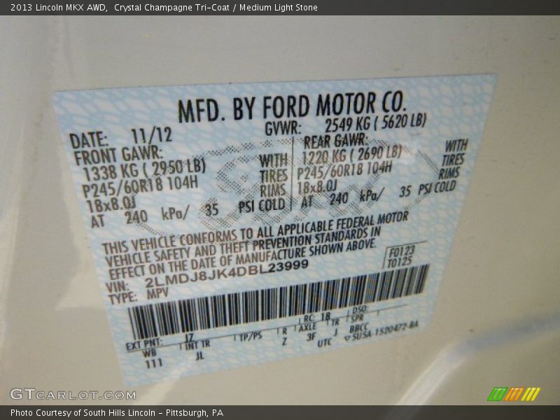 Crystal Champagne Tri-Coat / Medium Light Stone 2013 Lincoln MKX AWD