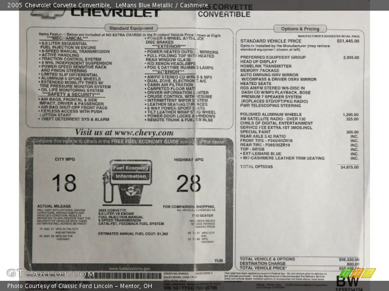  2005 Corvette Convertible Window Sticker