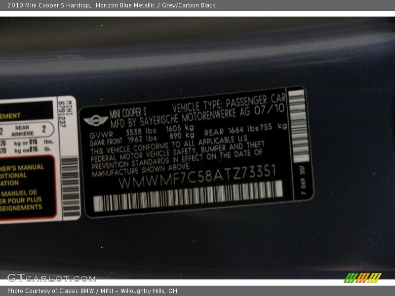 Horizon Blue Metallic / Grey/Carbon Black 2010 Mini Cooper S Hardtop