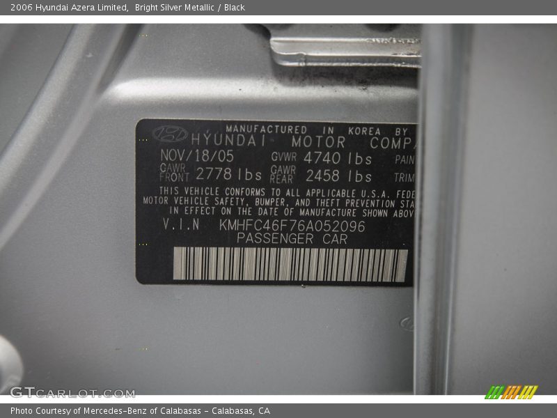 Bright Silver Metallic / Black 2006 Hyundai Azera Limited