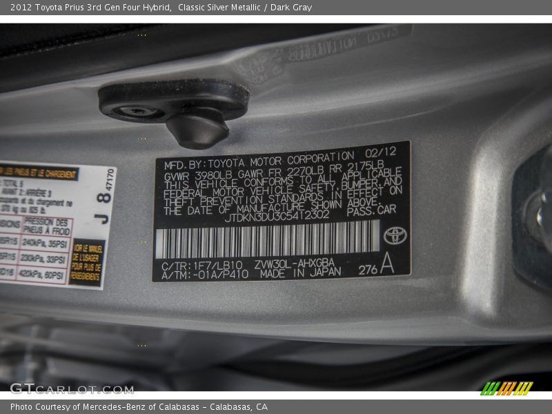 2012 Prius 3rd Gen Four Hybrid Classic Silver Metallic Color Code 1F7