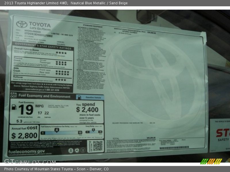 Nautical Blue Metallic / Sand Beige 2013 Toyota Highlander Limited 4WD