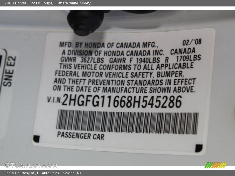 Taffeta White / Ivory 2008 Honda Civic LX Coupe