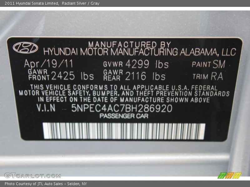 Radiant Silver / Gray 2011 Hyundai Sonata Limited