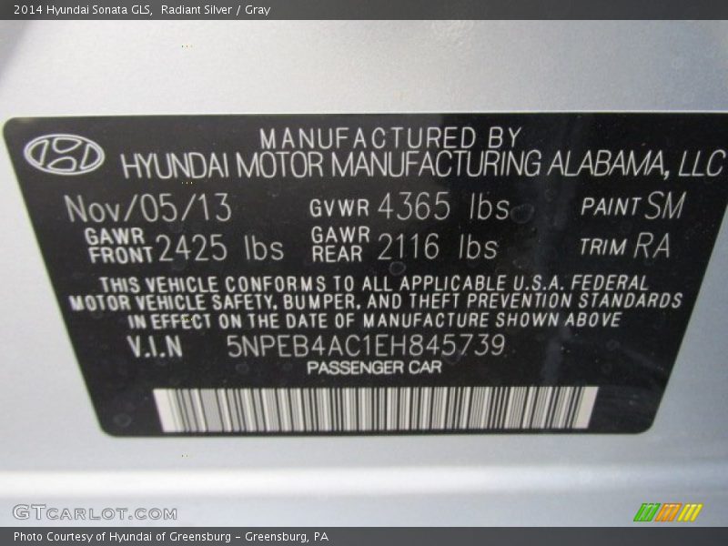 Radiant Silver / Gray 2014 Hyundai Sonata GLS