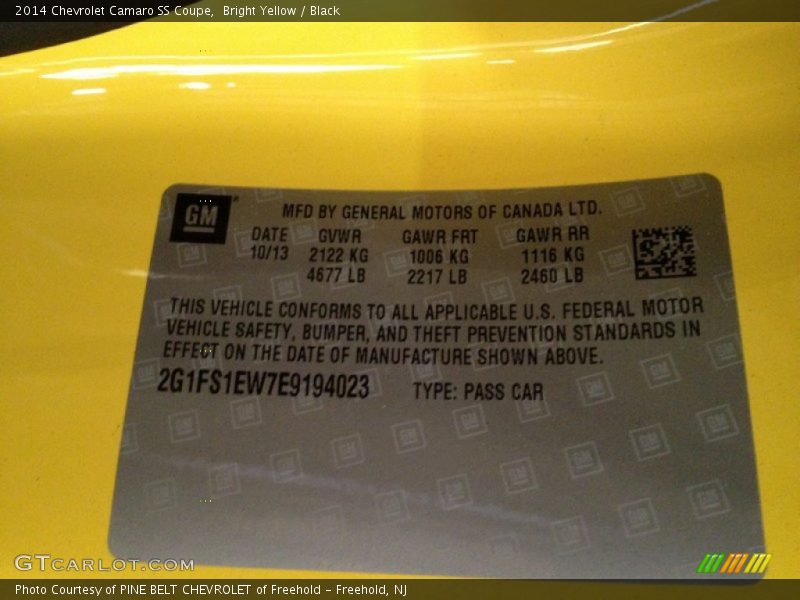 Info Tag of 2014 Camaro SS Coupe