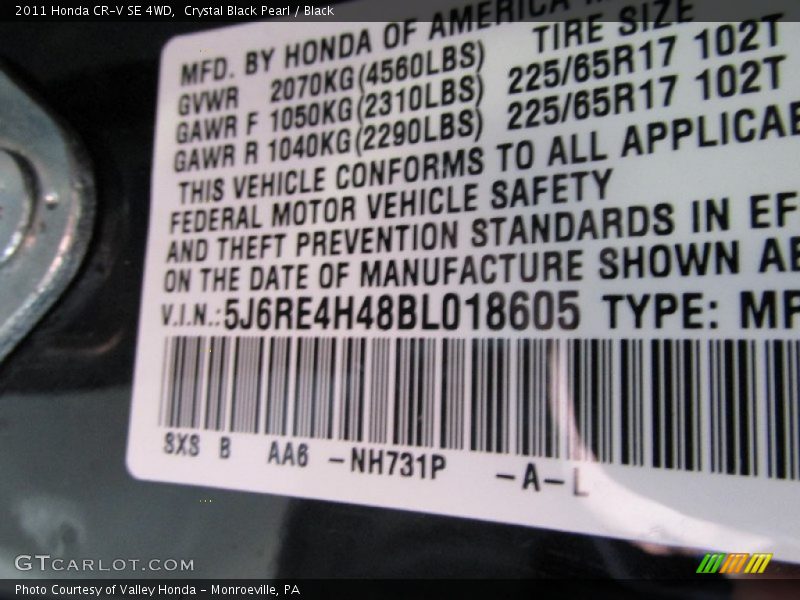 Crystal Black Pearl / Black 2011 Honda CR-V SE 4WD