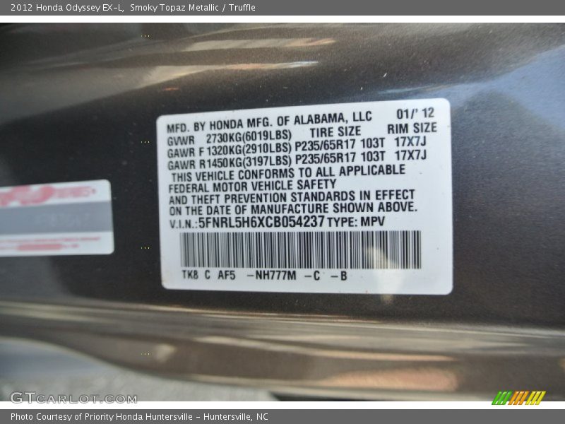 Smoky Topaz Metallic / Truffle 2012 Honda Odyssey EX-L