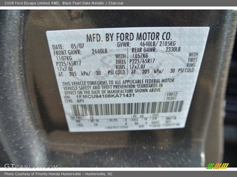 Black Pearl Slate Metallic / Charcoal 2008 Ford Escape Limited 4WD