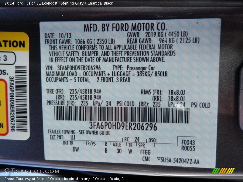 Sterling Gray / Charcoal Black 2014 Ford Fusion SE EcoBoost