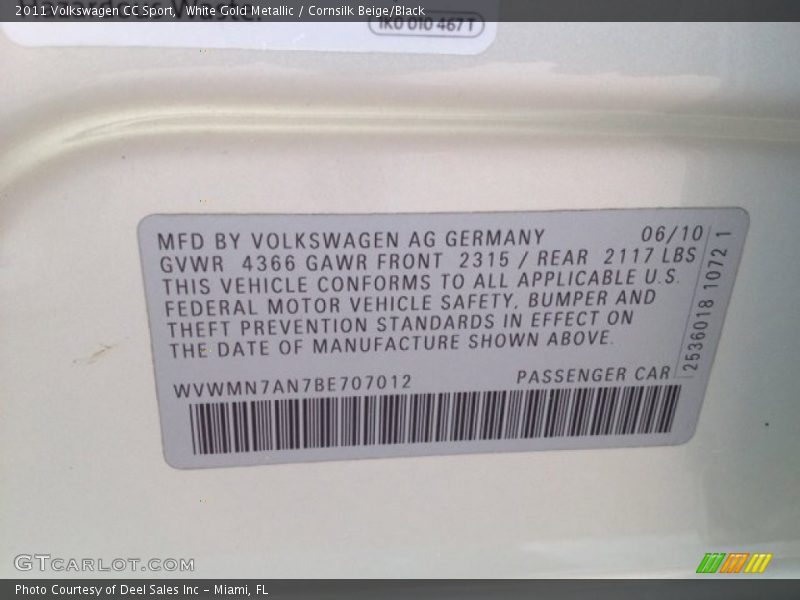 White Gold Metallic / Cornsilk Beige/Black 2011 Volkswagen CC Sport