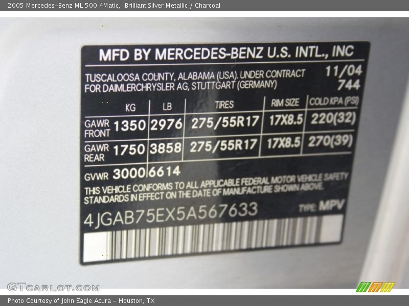 Brilliant Silver Metallic / Charcoal 2005 Mercedes-Benz ML 500 4Matic