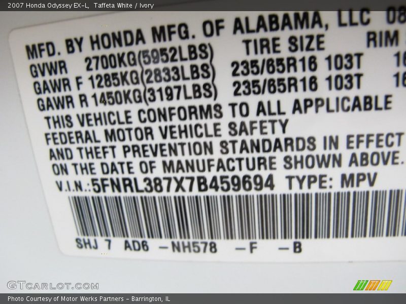 Taffeta White / Ivory 2007 Honda Odyssey EX-L