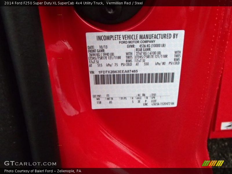 2014 F250 Super Duty XL SuperCab 4x4 Utility Truck Vermillion Red Color Code F1