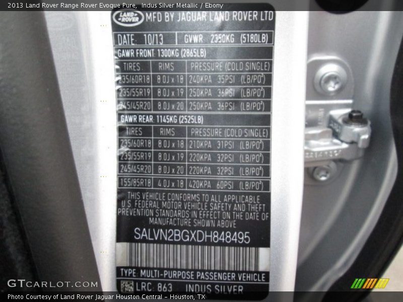 2013 Range Rover Evoque Pure Indus Silver Metallic Color Code 863