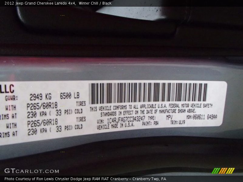 Winter Chill / Black 2012 Jeep Grand Cherokee Laredo 4x4