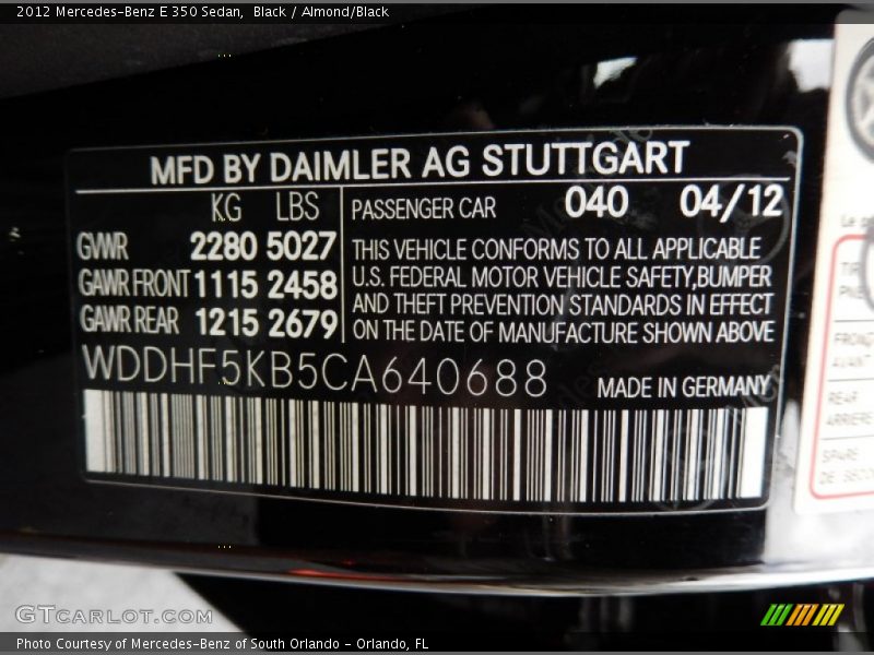 2012 E 350 Sedan Black Color Code 040