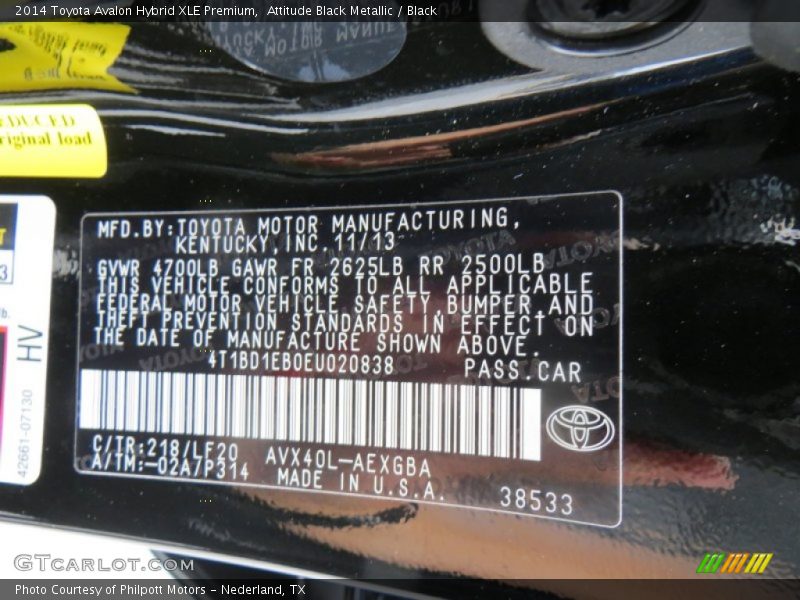 2014 Avalon Hybrid XLE Premium Attitude Black Metallic Color Code 218
