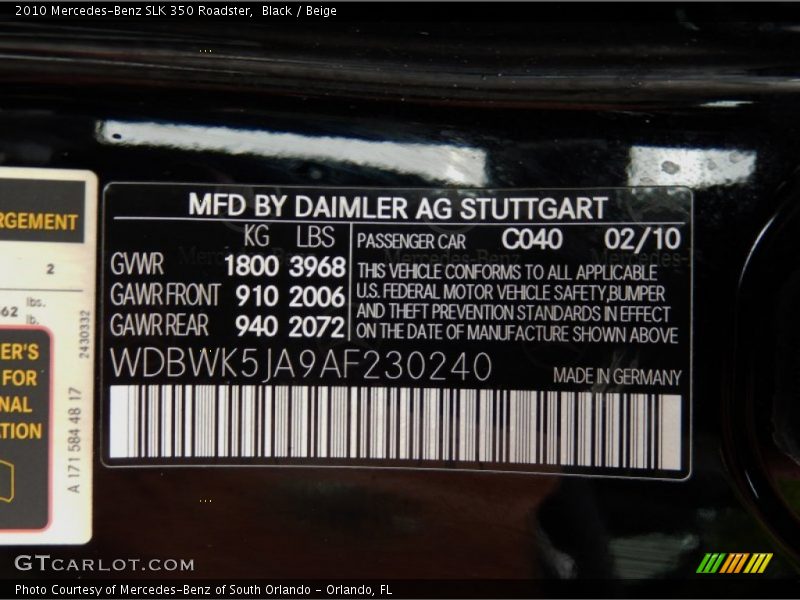 2010 SLK 350 Roadster Black Color Code 040