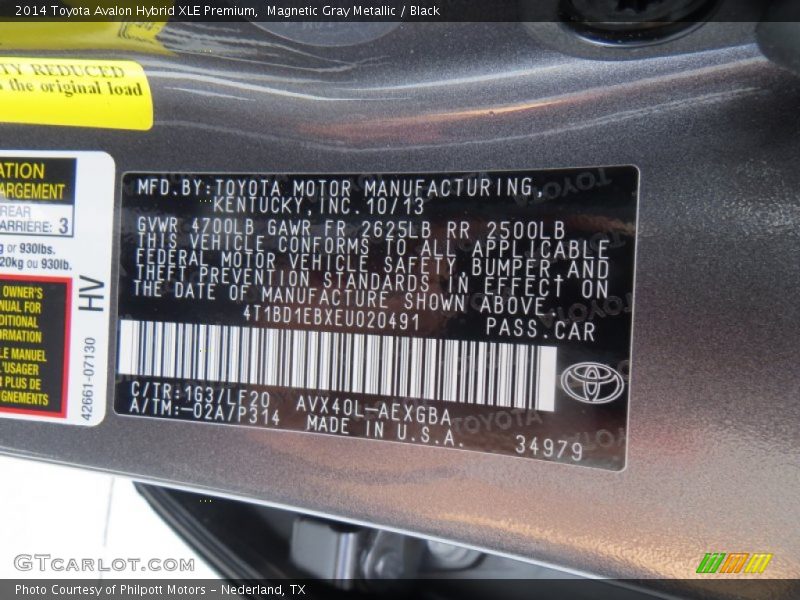 2014 Avalon Hybrid XLE Premium Magnetic Gray Metallic Color Code 1G3