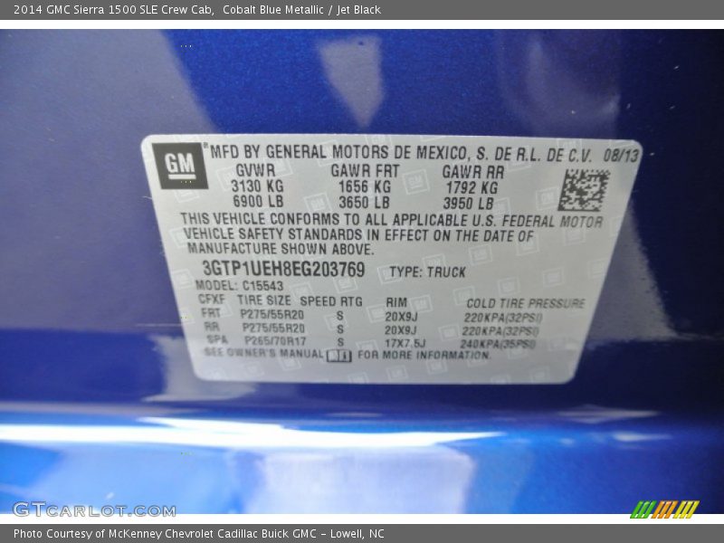 Info Tag of 2014 Sierra 1500 SLE Crew Cab