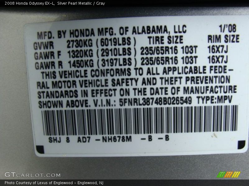 Silver Pearl Metallic / Gray 2008 Honda Odyssey EX-L
