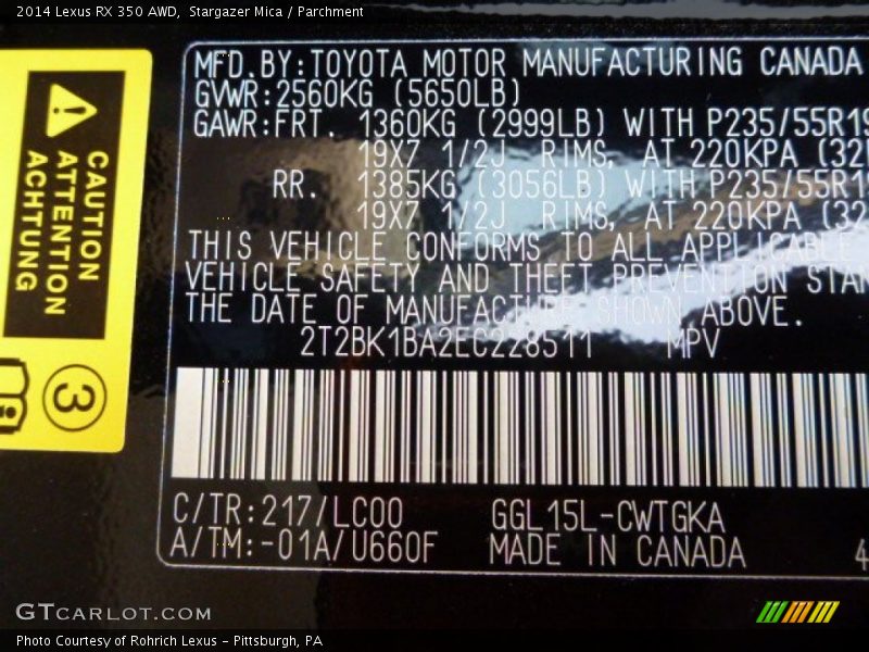 2014 RX 350 AWD Stargazer Mica Color Code 217