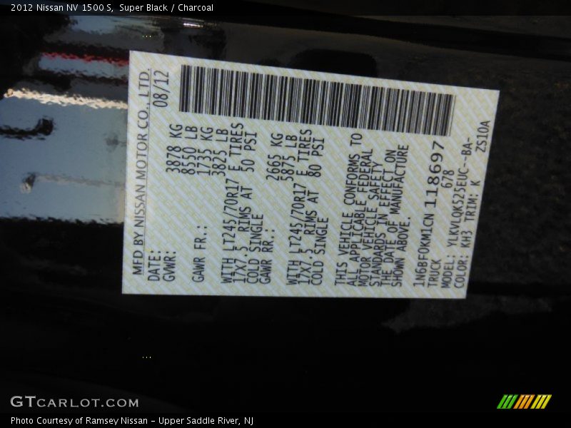 Super Black / Charcoal 2012 Nissan NV 1500 S