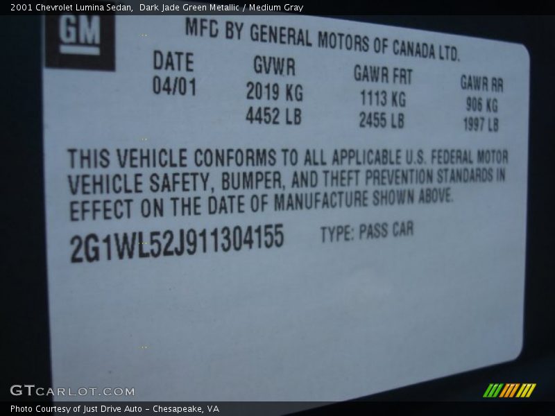 Info Tag of 2001 Lumina Sedan