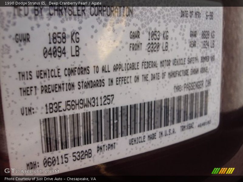 1998 Stratus ES Deep Cranberry Pearl Color Code PMT