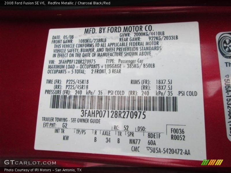 Redfire Metallic / Charcoal Black/Red 2008 Ford Fusion SE V6