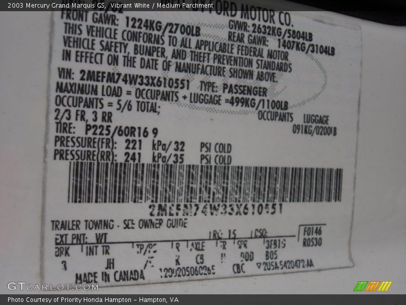 Vibrant White / Medium Parchment 2003 Mercury Grand Marquis GS
