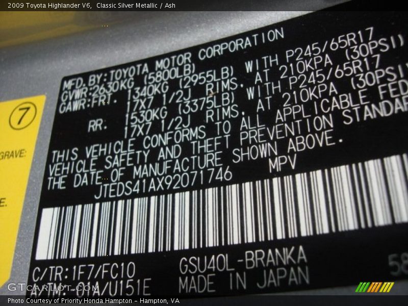 Classic Silver Metallic / Ash 2009 Toyota Highlander V6