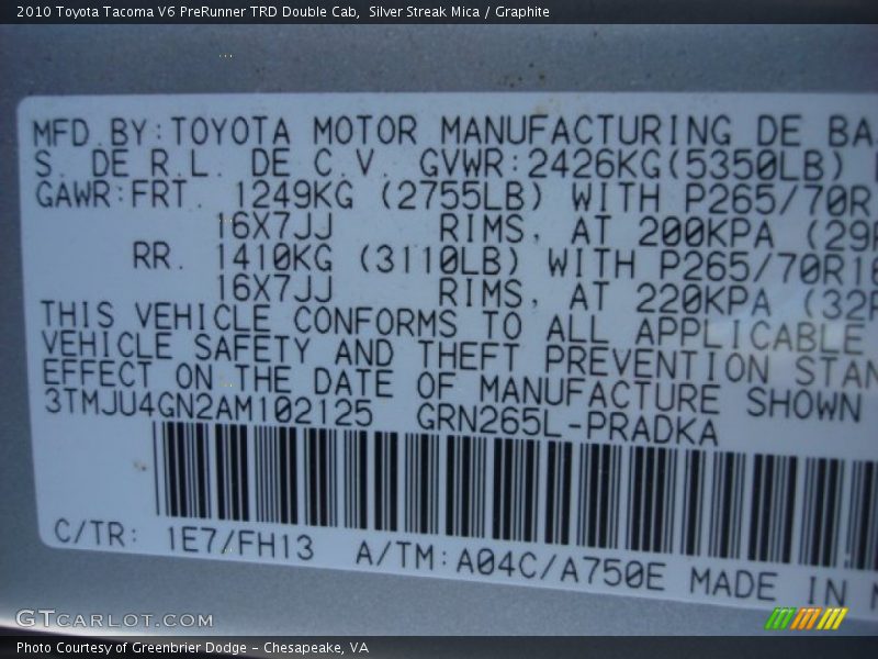 Silver Streak Mica / Graphite 2010 Toyota Tacoma V6 PreRunner TRD Double Cab
