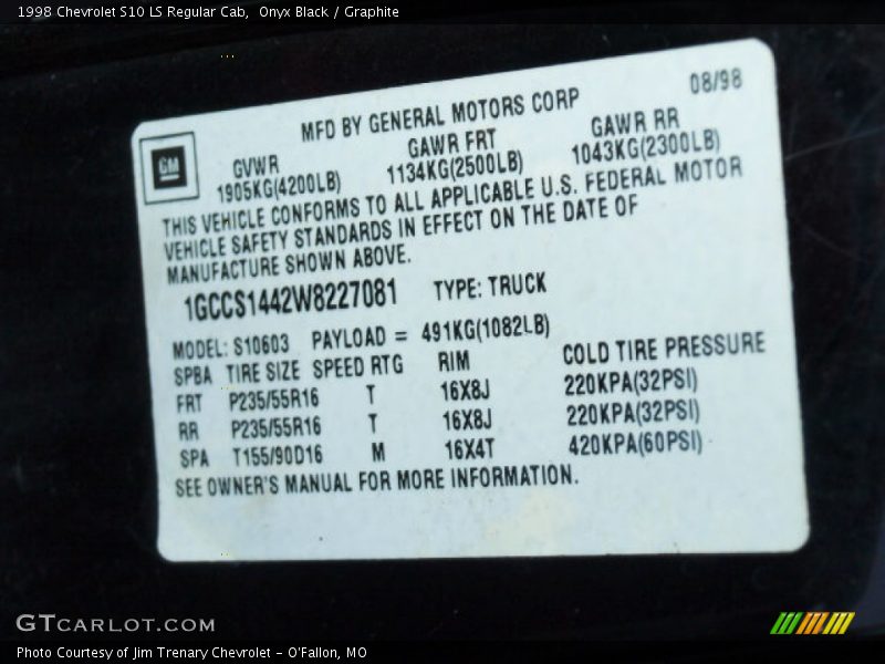 Onyx Black / Graphite 1998 Chevrolet S10 LS Regular Cab