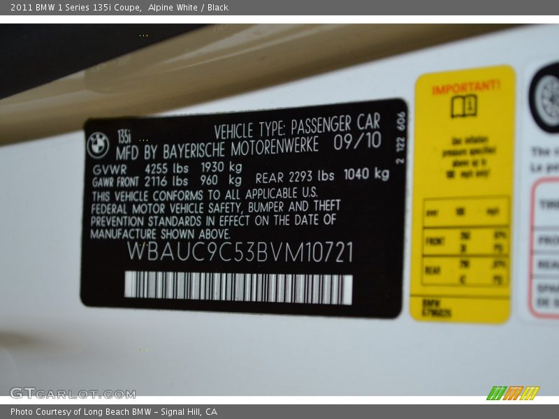 Alpine White / Black 2011 BMW 1 Series 135i Coupe