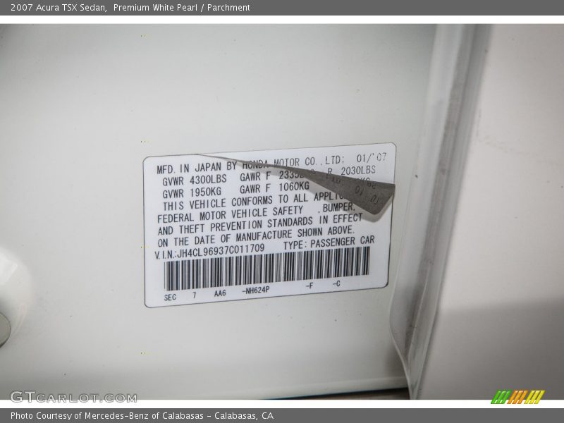 2007 TSX Sedan Premium White Pearl Color Code NH624P
