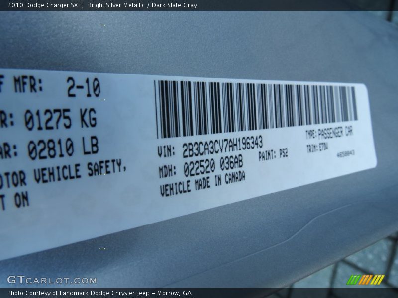 Bright Silver Metallic / Dark Slate Gray 2010 Dodge Charger SXT