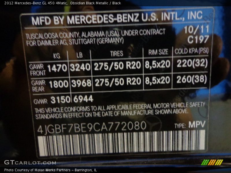 2012 GL 450 4Matic Obsidian Black Metallic Color Code 197