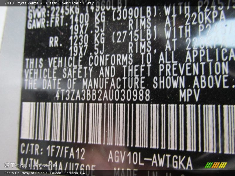 Classic Silver Metallic / Gray 2010 Toyota Venza I4