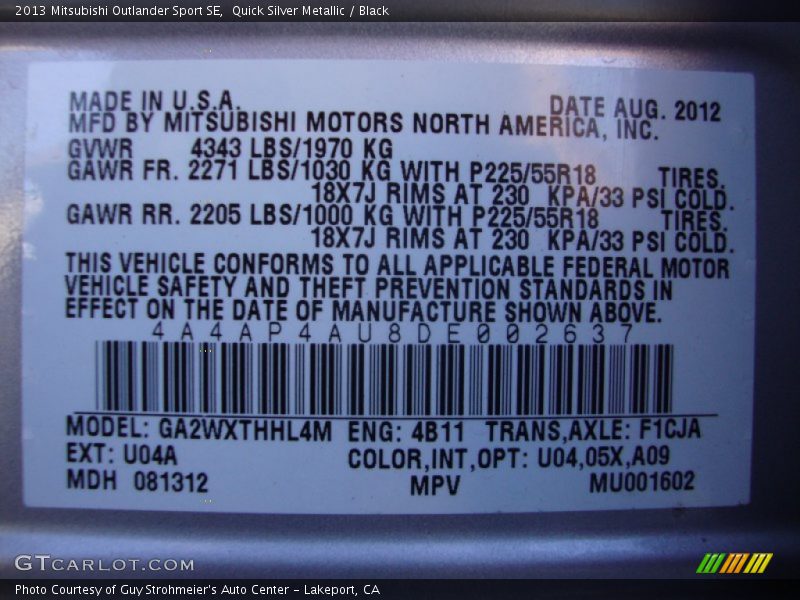 2013 Outlander Sport SE Quick Silver Metallic Color Code U04A