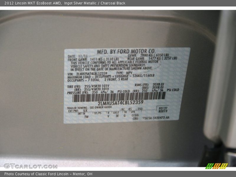 Ingot Silver Metallic / Charcoal Black 2012 Lincoln MKT EcoBoost AWD