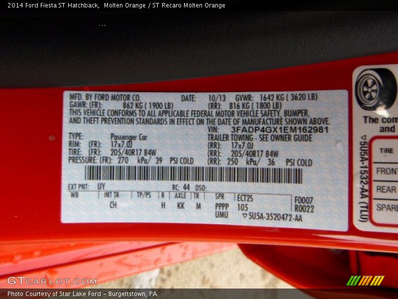 2014 Fiesta ST Hatchback Molten Orange Color Code UY