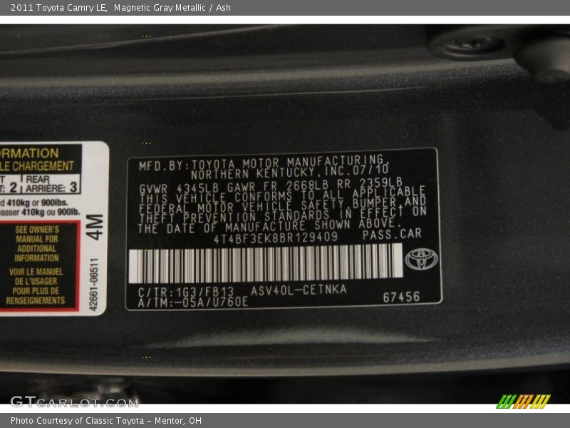 Magnetic Gray Metallic / Ash 2011 Toyota Camry LE