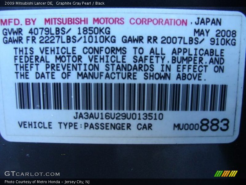 Graphite Gray Pearl / Black 2009 Mitsubishi Lancer DE