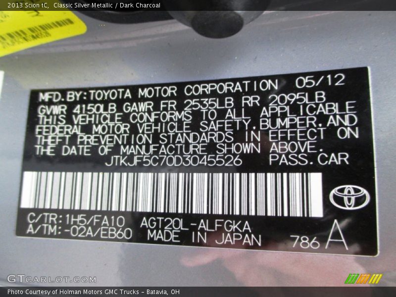 Classic Silver Metallic / Dark Charcoal 2013 Scion tC