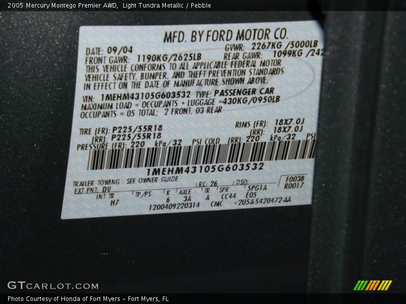 Light Tundra Metallic / Pebble 2005 Mercury Montego Premier AWD