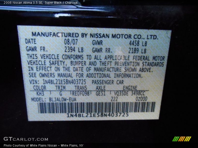 Super Black / Charcoal 2008 Nissan Altima 3.5 SE